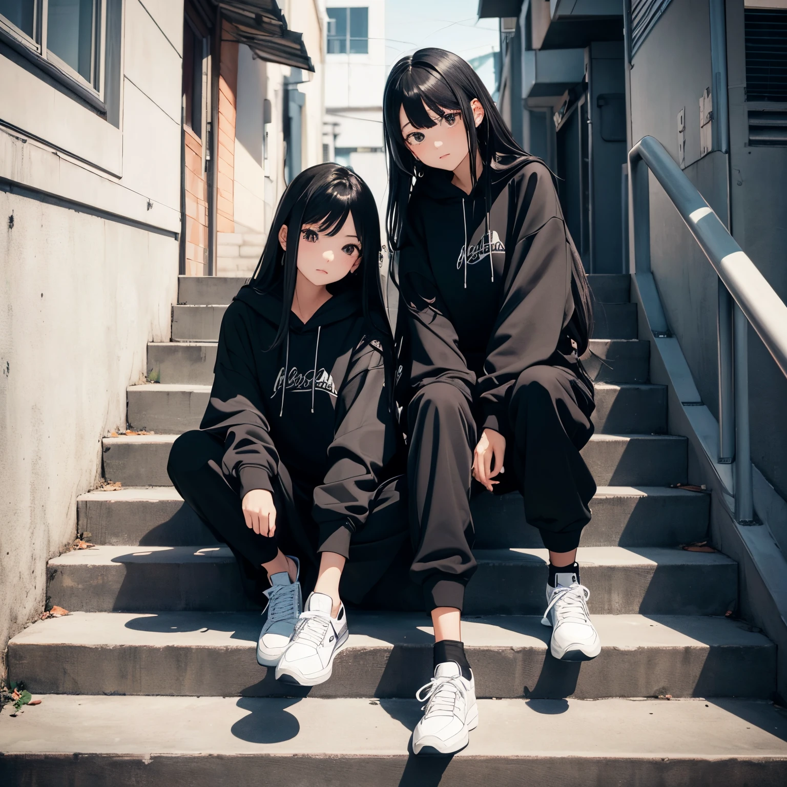 Two beautiful cute girls, long black hair, black hoodie, trousers, sneakers, sit, stairs