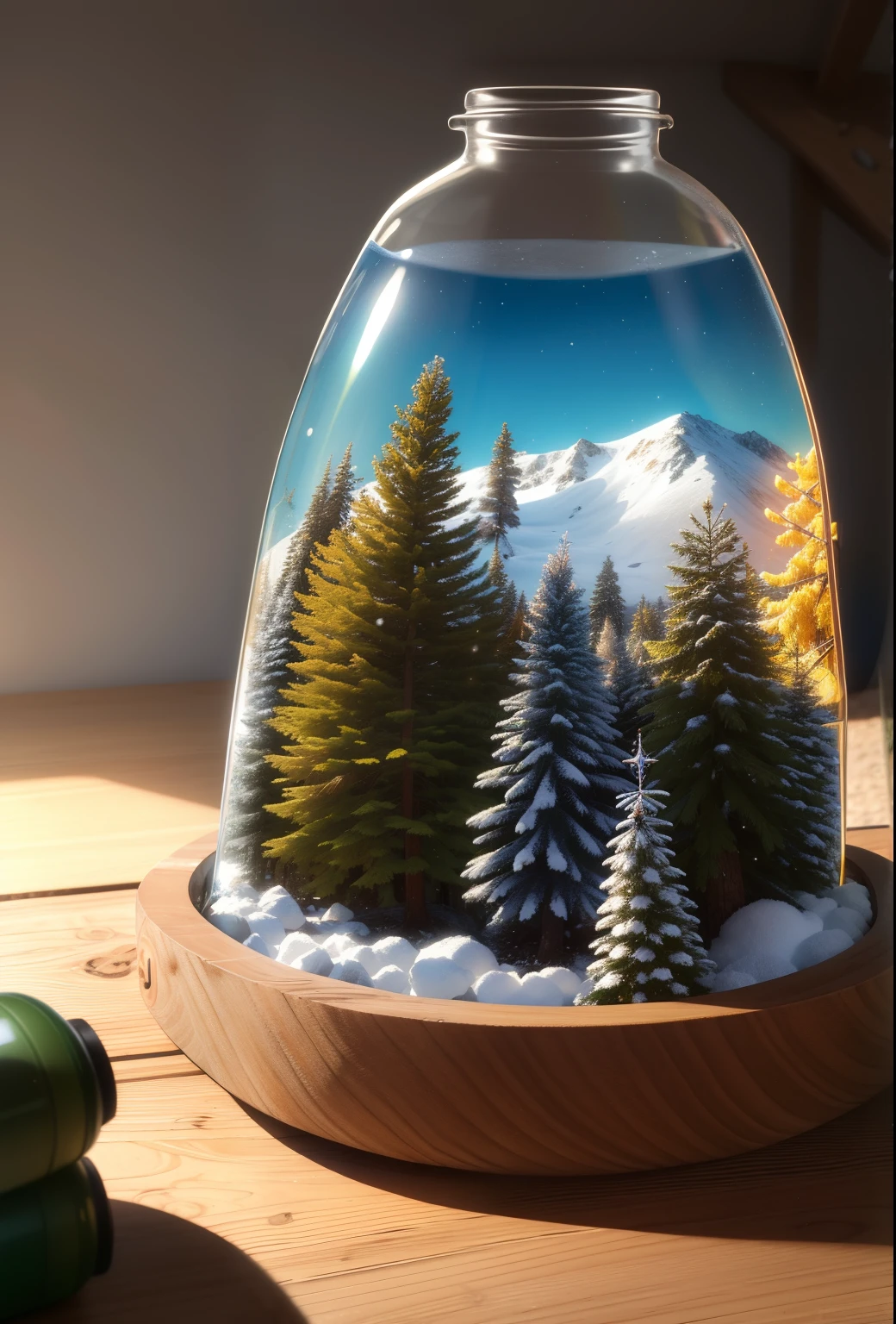 (Un intrincado paisaje de miniciudad forestal nevado atrapado en una botella), atmospheric olive lighting, sobre la mesa, 4k UHD, vibraciones oscuras, hiperdetallado, colores vibrantes, epic composition, octane representation, foco nítido, high resolution isometric