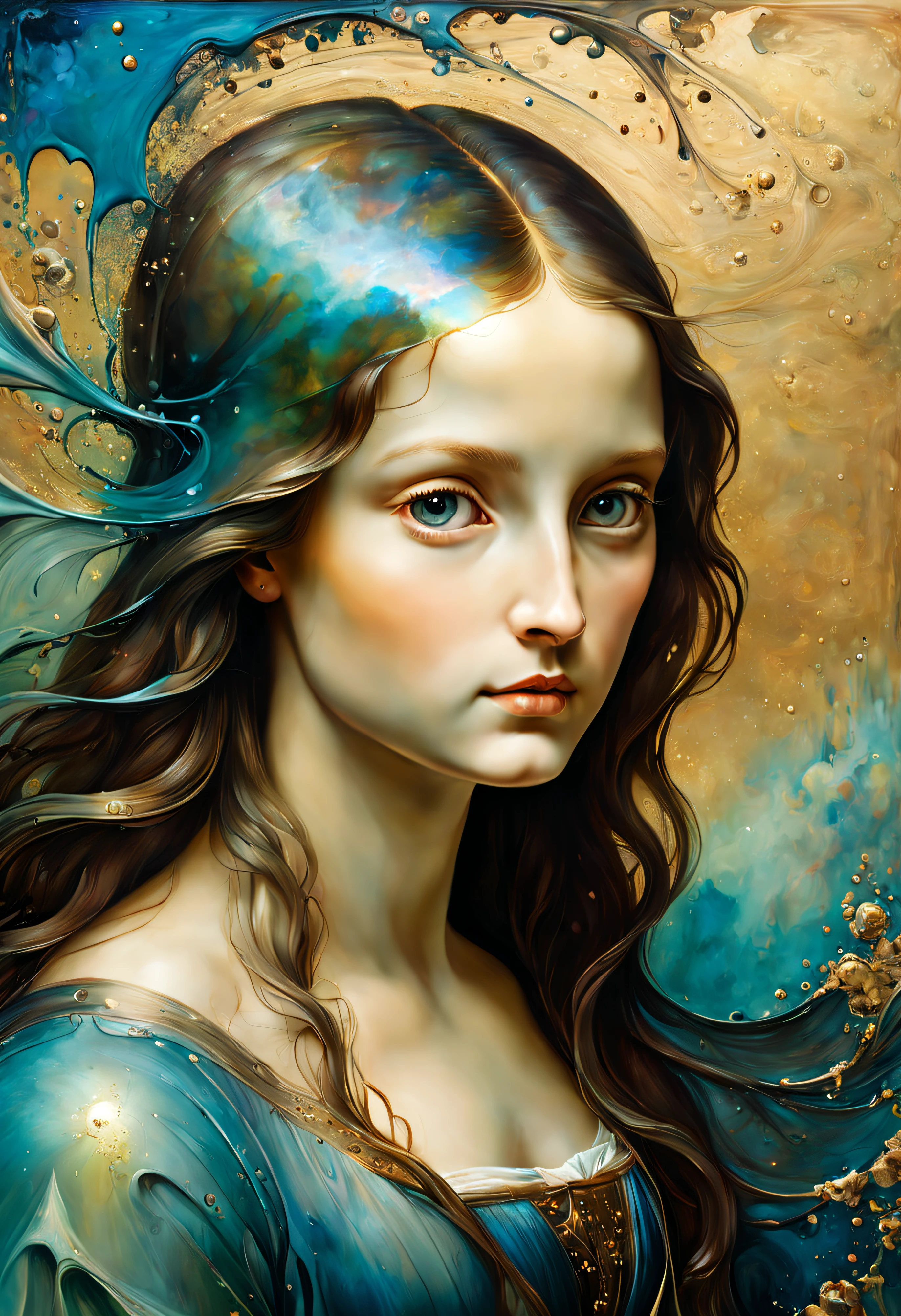 Works by leonardo da vinci, ispired to gioconda, level difference:1.8),(Paint colliding and splashing on the canvas),(depth of field),1girl's side face blends into it,((side face)),1) made of paint and defies gravity,thick flowing,(paint splatter:1.3),Liquid state,stunningly beautiful, masterpiece, detailed background,ultra high quality model, ethereal background,abstract beauty, explosive volumetric, oil painting,heavy strokes,Romantic lighting, ,lens 135mm,f1.8,glow,8k,high resolution, dreamy,ray tracing,hdr,god rays,A color painted beautiful young woman.,perfect face mystical waves at night. 3d. Iridescent. the melting beauty of the Universe. surrealism in the reflection of nebula fragments. Encaustic paint. Alcohol ink. Works by leonardo da vinci. High contrast. super detail. Intricate.