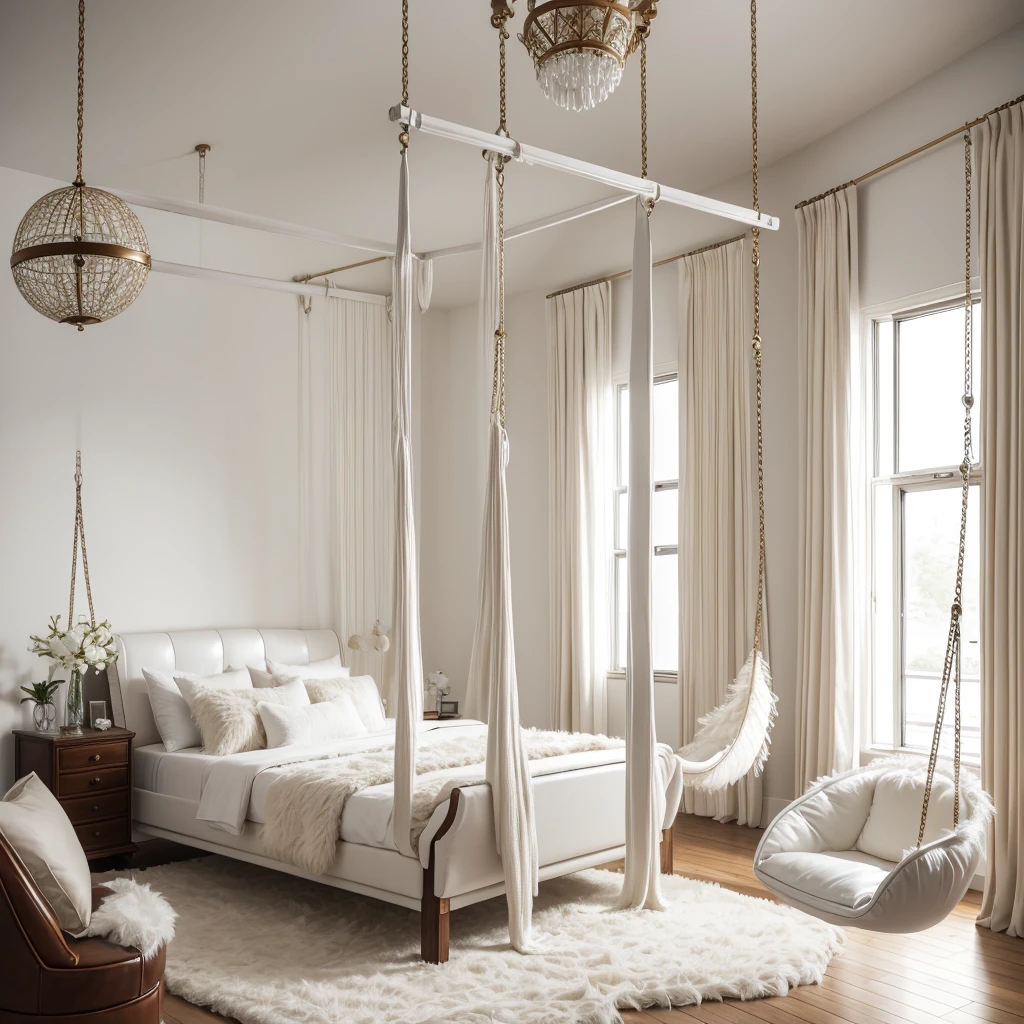 Large white bed with fur and leather pillows in a room mirror on the ceiling, white leather swing and an other swing hanging from the ceiling, feather and horse equipment