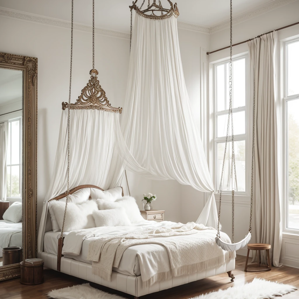 Large white bed with fur and leather pillows in a room mirror on the ceiling, white leather swing  and an other swing hanging from the ceiling, feather and horse equipment