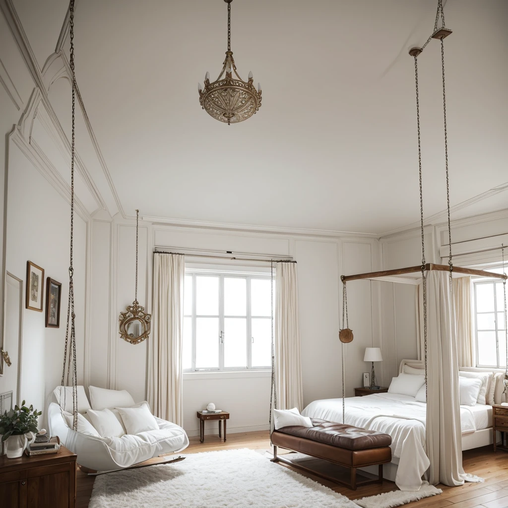 Large white bed with fur and leather pillows in a room mirror on the ceiling, white leather swing  and an other swing hanging from the ceiling, feather and horse equipment
