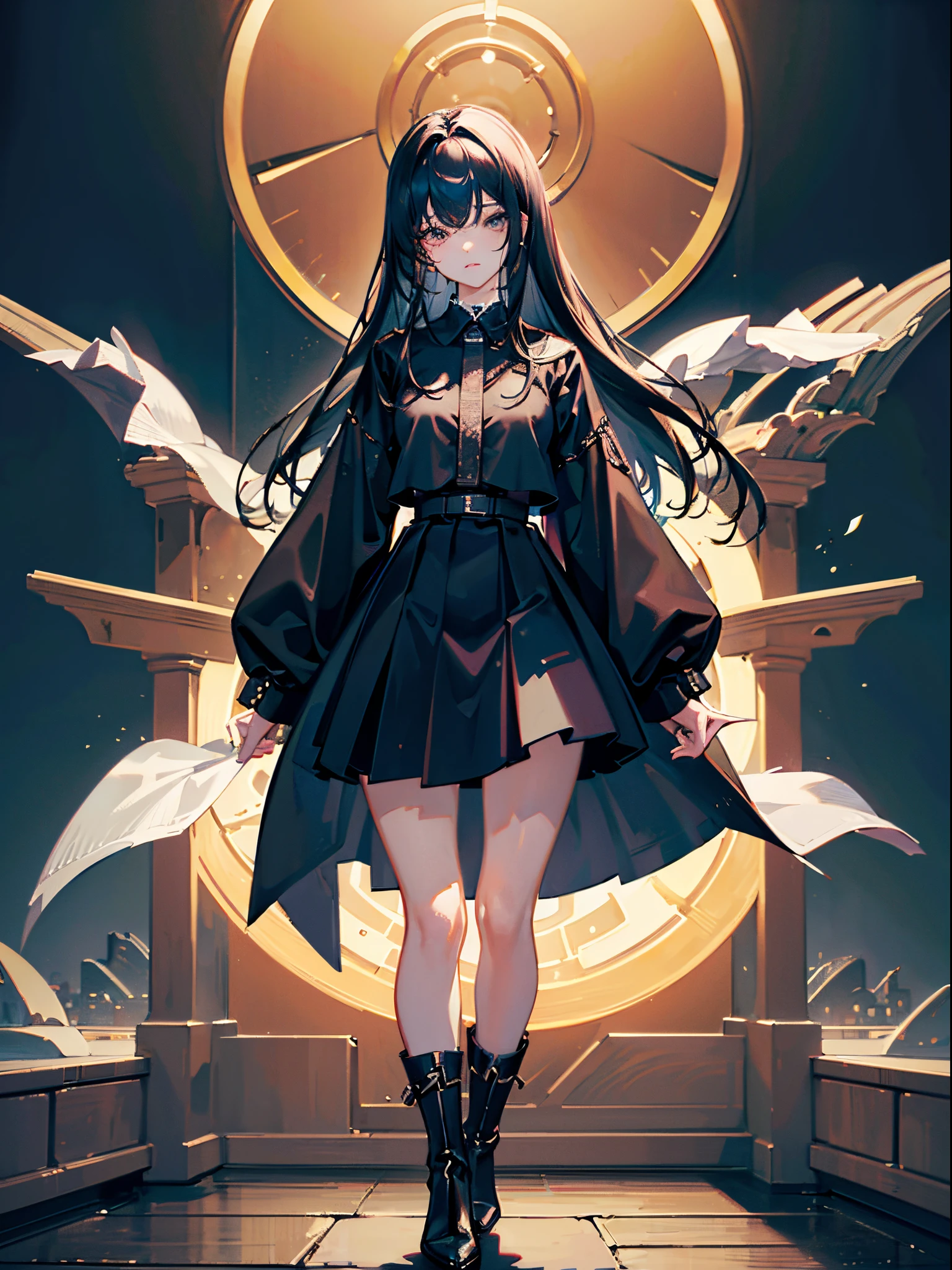 ((Best quality, 8k)), 19 year old female, darkness angel, 1 girl, perfect body, perfect hair, perfect face, pretty, serious, kinda cute, ultra detailed, body, lips, and skin texture, double eyelid, waist long hair, pure black hair, pure black eyes, fully clothed with skirt and boots, anime in real life, cinematic lighting