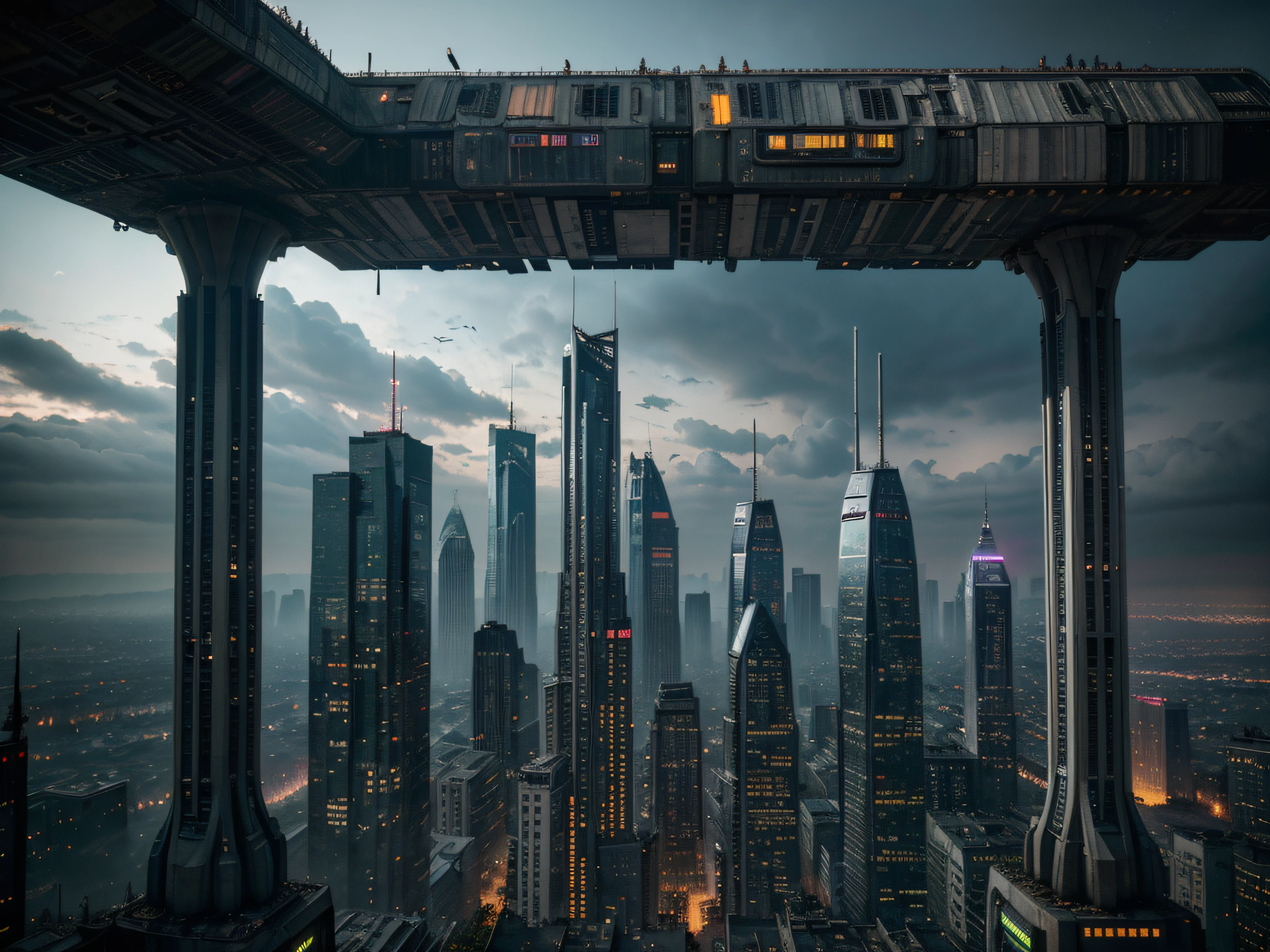 trees, nature, feel good inc, scenic, cyberpunk, dark, futuristic, abstract, future civilization, buildings, post apocalyptic, gorillaz, technology, detailed, high quality photography, dark grey tint, epic city, amazing, flying vehicles, cinematic, inner city, downtown,