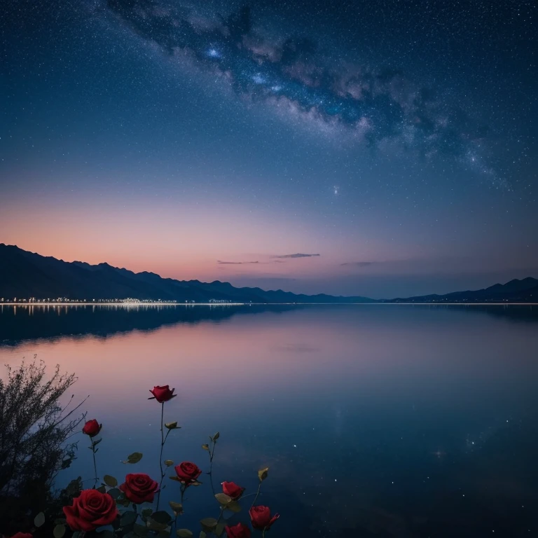 sky at night，Stars shine on the silky lake，There  a red rose in the water。optlven Light，As estrelas，The stars twinkle and twinkle，Wide lake，A sky full of stars