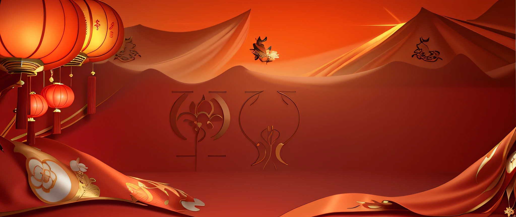 There  a Chinese New Year background picture, solid color backdrop, Background image, background artwork, game background,  fundo vermelho, solid color backdrop, dance hall background, wallpaper background, HDbackground, clean backdrop, vivid background, scarlet background, arte de fundo, poster background,  Background with, wallpaper - 1 0 2 4，loong pattern，Lantern with exquisite details，satin details，The two lanterns in the upper left corner gradually blur，The satin underneath  rich in detail...，The satin above  flowing，Add a string of firecrackers in the upper right corner，Beautiful pictures with beautiful details，Increase the richness of orange，Perfection of details