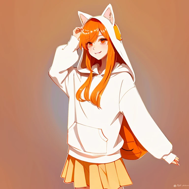 18 year old girl、White hoodie、skirt by the、Orange hair、long、orange squirrel ears、is standing、Warm fuzzy、anime style illustration