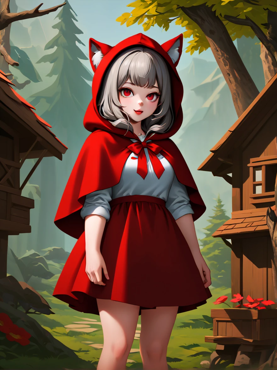 tmasterpiece, Best quality, Fairytale( (《littleredridinghood》The big bad wolf  in: 1.4)), Bad laughs, has cleavage, hairpin, Long gray hair, himawari, a skirt, Cogumelos, Bow knot, (wooden cabin), illuminations, cherry tree, pink flowers that, grassy, mossy, cloud, falling leaf, Detailed character design, clean backdrop, A blank space , Chinese style, Stylized, cyber punk personage