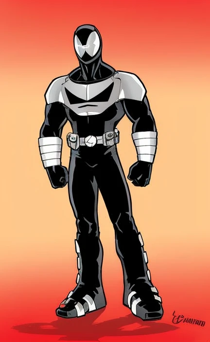 um desenho animado de um homem de terno preto e branco, Roupa X-Force de corpo inteiro, cel limpo sombreado, cel sombreado, novo conceito de figurino, armadura brilhante preta, cel sombreado!!!, vestido com armadura corporal preta, the secret seventh power ranger, dark supervillain, Design de personagens de quadrinhos dos anos 90, personagem de quadrinhos, superhero from the boys tv show