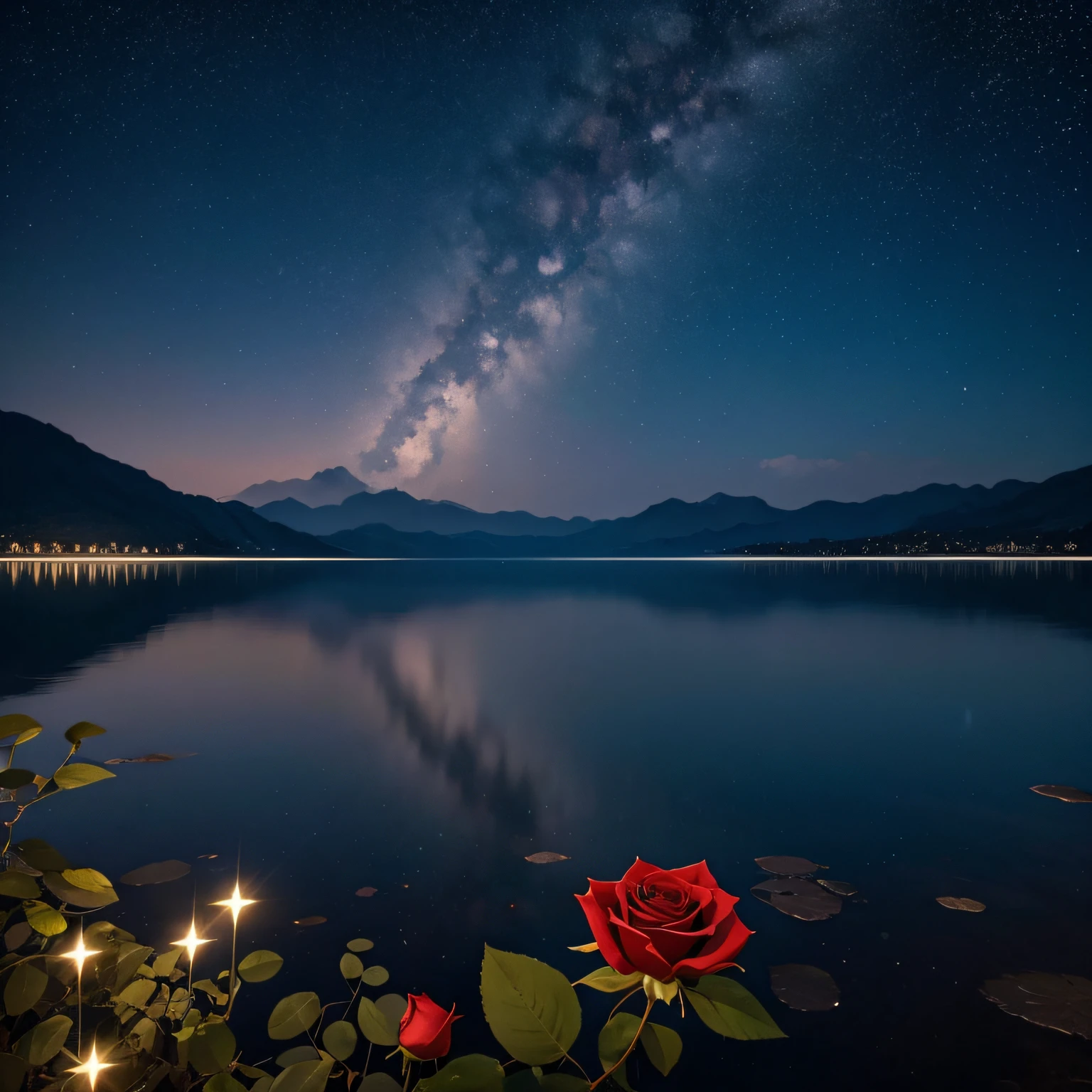 sky at night,Stars shine on the silky lake,There a red rose in the water。Choose light,As estrelas,Stars twinkle and twinkle,Wide lake,sky full of stars