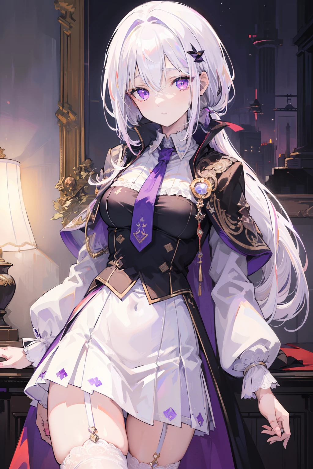 (best quality:1.3), (masterpiece:1.3), (illustration:1.3), (ultra-detailed:1.3), (imid shot:0.9), 1girl, medium breasts, purple eyes, (((white hair))), hair ornaments, tall, mature, long hair, indoors, thigh-highs, (low ponytail:1.2), upper body, white suit, necktie, black and purple cloak, long sleeves, skirt