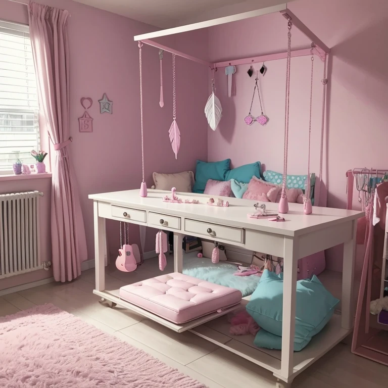 Pastel Sextoy display in bedroom,  large cross in room, leather table and swing and feather diamond