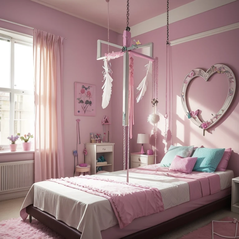 Pastel Sextoy display in bedroom,  large cross in room, leather table and swing and feather diamond