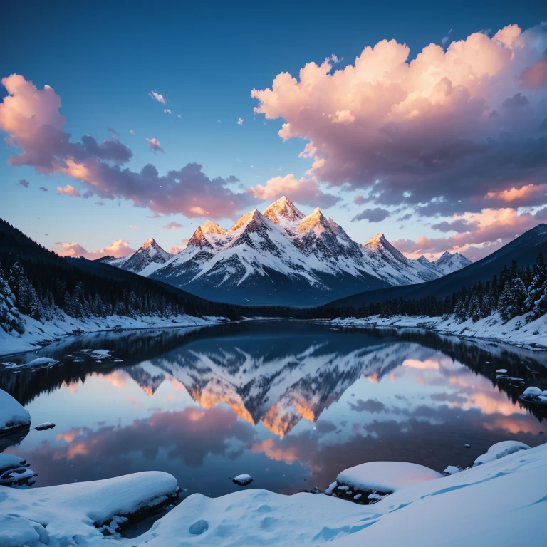 The blue dream star, with thick clouds in the sky,  colorful. The sky  bright at sunset. Snow mountains in the distance, quiet lakes and  lakes, crystal fragments, dreams, ultra-high definition, ultra-wide angle, panorama, 8k, lifelike, 3D high pixel