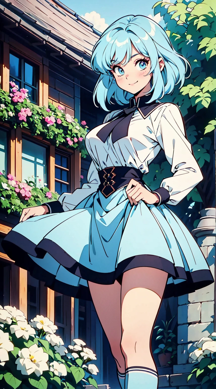 Meisterwerk, Atemberaubend realistisch, fotorealistisch, 12K-UHD, best quality, Sharpness, scharfes Gesicht, 女の子1人,light blue hair,light blue eyes,big boobs,white tight longsleeve, skirt,arms behind back,standing in a beautiful garden,cute smile