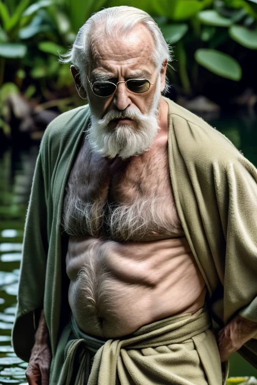 old-aged man, wrinkles,long White hair,Long white beard,..dressed in a loose moss green robe  his shirt was open to reveal his stomach older hairy weak and chest, arms legs neck hands feet skinny old and weak,Lying in the water,water lily,lotus leaf,Closed eyes,master-piece,4K images,beste-Qualit