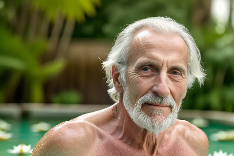 John Glover, An elder with a long beard and white hair, with a serene face wrinkles, looking producing, body older weak, skinny bones hairy, body , his shirt was open to reveal his stomach wrinkles older hairy weak and chest, arms legs neck hands feet skinny old and weak, shy and blushed, Lying in the bath swimming pool,master-piece,4K images,beste-Qualit