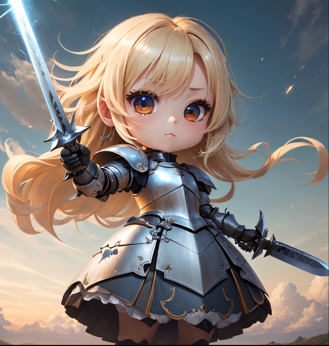 masterpiece、top-quality、ultra-detailliert、(chibi character knight:1.2)、blonde hair sways in the wind、wraith、extremely long sword、spark of light、run、cut through the heavens、full bodyesbian、