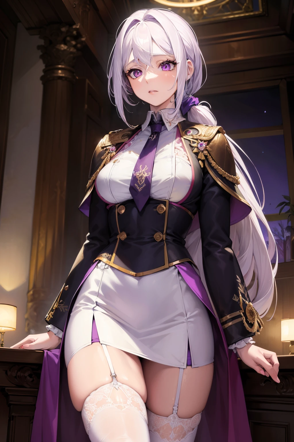 (best quality:1.3), (masterpiece:1.3), (illustration:1.3), (ultra-detailed:1.3), (imid shot:0.9), 1girl, medium breasts, purple eyes, (((white hair))), hair ornaments, tall, mature, long hair, indoors, thigh-highs, (low ponytail:1.2), upper body, white suit, necktie, black and purple cloak, long sleeves, skirt