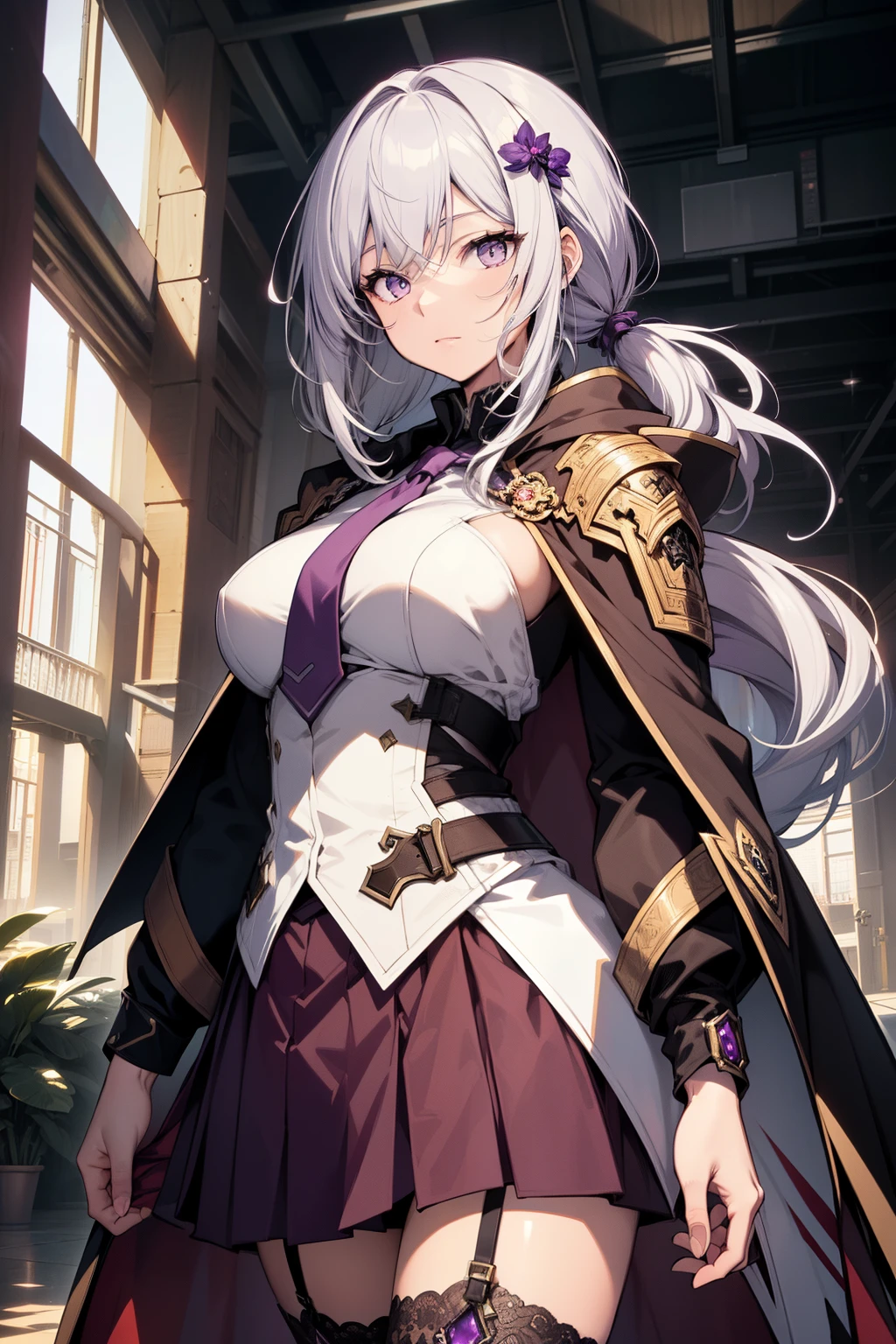 (best quality:1.3), (masterpiece:1.3), (illustration:1.3), (ultra-detailed:1.3), (imid shot:0.9), 1girl, medium breasts, purple eyes, (((white hair))), hair ornaments, tall, mature, long hair, indoors, thigh-highs, (low ponytail:1.2), upper body, white suit, necktie, black and purple cloak, long sleeves, skirt