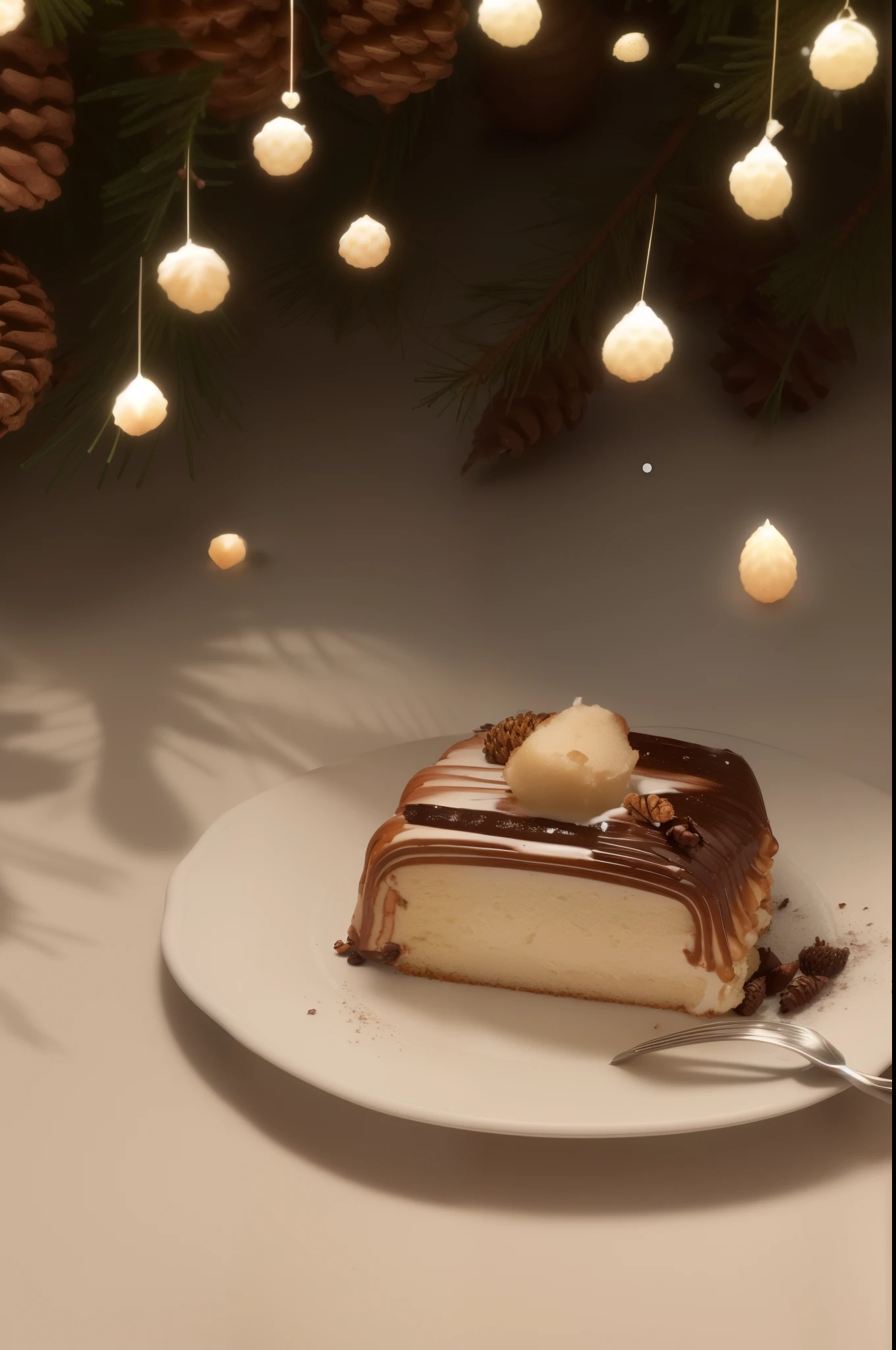 There was a piece of cake on the plate,put a fork on it, desserts,There are chestnuts,light and shadows,4k movie level,Nut chestnut pinecone background,Scattered pine cones foreground and background,The warm,high qulity,4k movie level,Snow scene,house,Fire