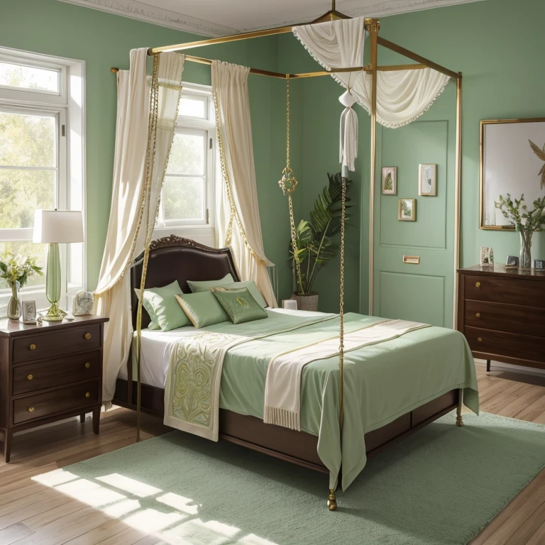 Pastel green and gold Sextoy display in bedroom,  large cross in room, leather table and swing and feather diamond