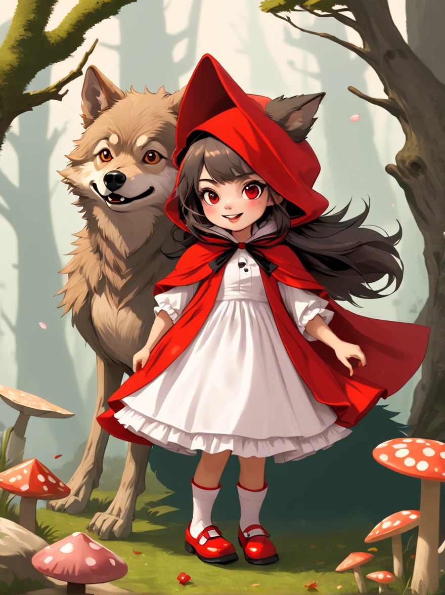 Masterpiece, Best Quality, Fairy Tale( (Big Wolf in Little Red Riding Hood: 1.4)), Sinister Bad Smile, Hat, Hairpin, Long Hair, Sunflower, Dress, Mushroom, Bowknot, (Small Cabin), Illustrations, Cherry Blossom Tree, Pink Flowers, Grass, Moss, Clouds, Fallen Leaves, Detailed Character Design, Clean Background, White Space , chinesestyle, ((inkpunk))