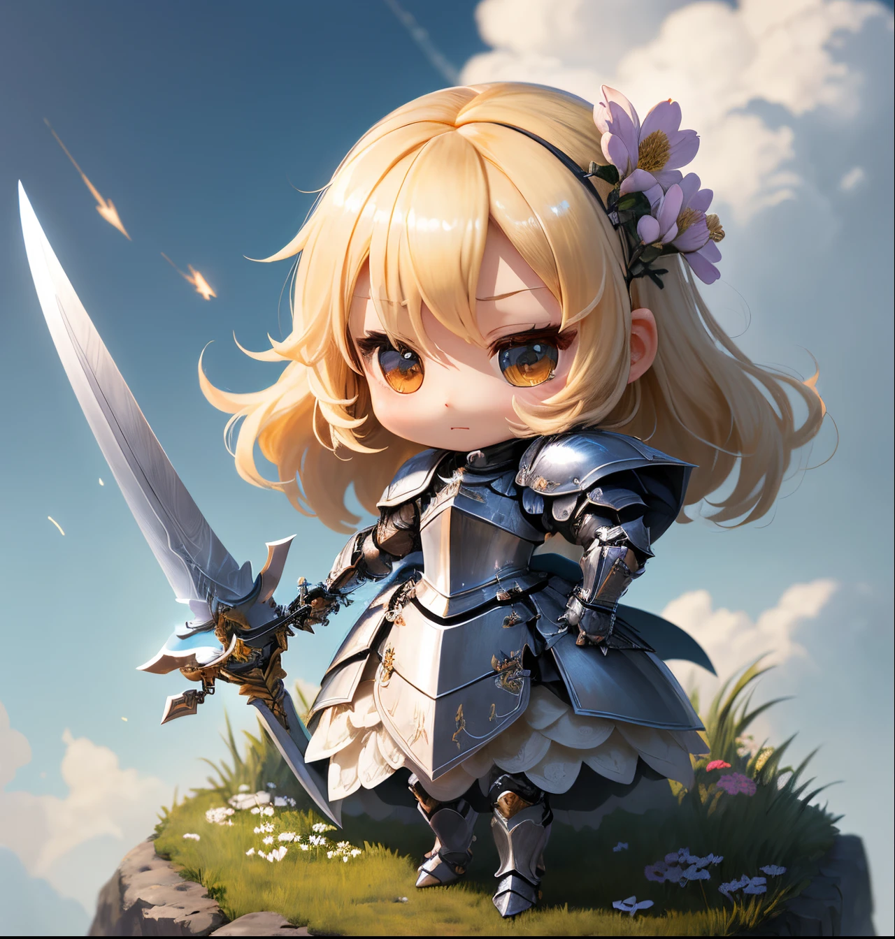 masterpiece、top-quality、ultra-detailliert、(chibi character knight:1.2)、blonde hair swaying in the wind、wraith、Very long sword、spark of light、run、Slash the heavenly body bian、Flowers flutter