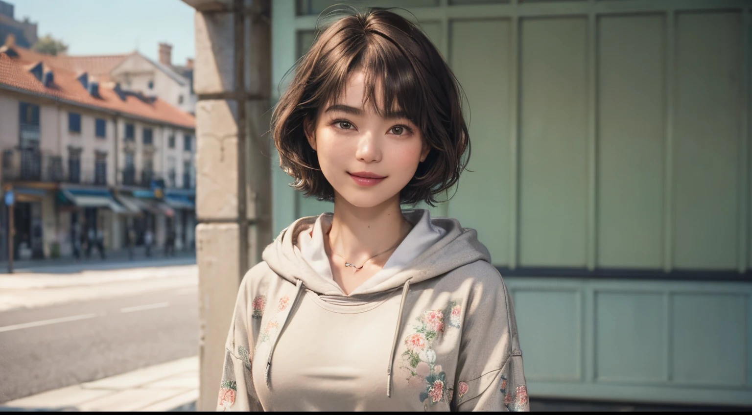 132
(a 20 yo woman,Wearing sportswear), (A hyper-realistic), (high-level image quality), ((beautiful hairstyle 46)), ((short-hair:1.46)), (Gentle smile), (breasted:1.46), (lipsticks), (Large room), (florals), (wearing hoodies)