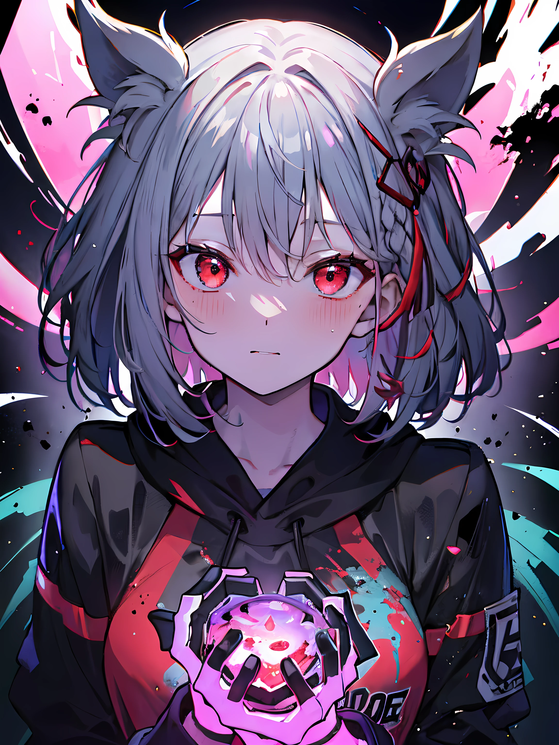 hyper color digital art, Vibrant colors，detail-rich, Colorful explosions, Colorful horror art, Colorful film art, colorful illustrations, Vibrant neon ink painting, scary colorful art details，horror color art, Colorful ominous background,tmasterpiece, Best quality, ssmile, decor, hoody, sporty attire, colored neons, scribbles, Dark, natta, glowing light eyes, Black light,Hair color,Medium hair,red eye breasts，A high resolution, Best quality at best, 16k, retinas.