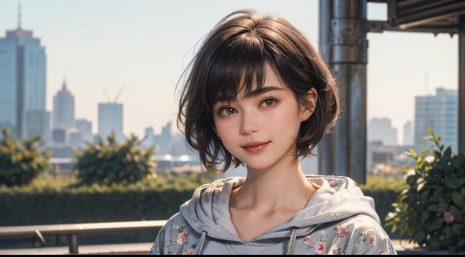 132
(a 20 yo woman,Wearing sportswear), (A hyper-realistic), (high-level image quality), ((beautiful hairstyle 46)), ((short-hair:1.46)), (Gentle smile), (breasted:1.46), (lipsticks), (Large room), (florals), (wearing hoodies)
