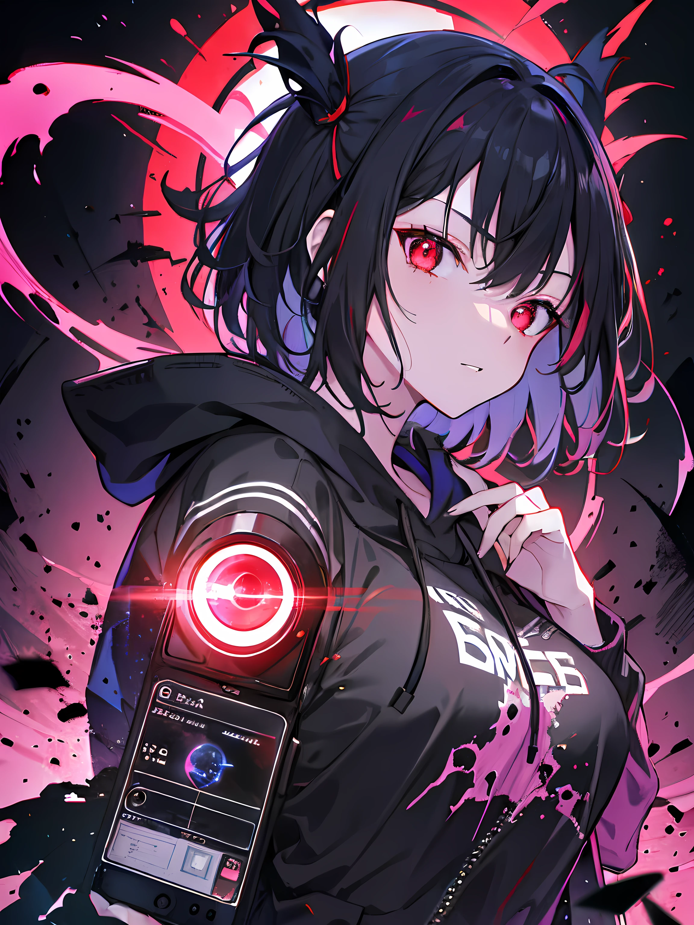 [(BLACK BACKGROUND:1.5),::5], ((((masterpiece)))), high quality, ultra very high resolution, full color, (((solo))), ((little boy)), black hair, ((blue colored inner hair)), ((purple eyes)), anime, ((upper body)), despair, face in profile, neon light, black parka, (lightning effect:1.2), (Blood effect:1.5)