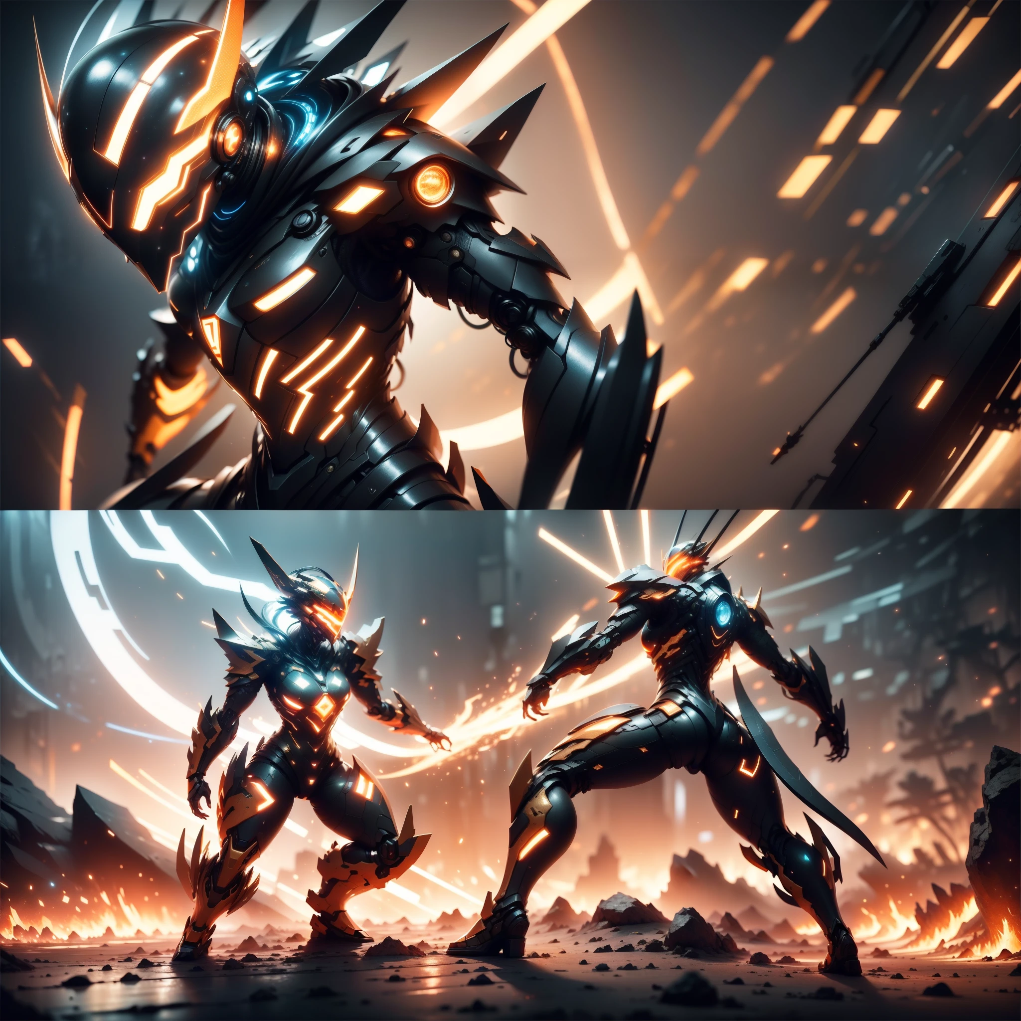 My Mecha and I,2 people apart,Back-to-back combat stance,Film pictorial composition,Lifelike,metallic shine,glint,bioluminiscent,galactic cybernetic mask,mechamusume,(assassin:1.2),Scarf,Glowing cloak,SH4G0D,Cinematic Lights,Orange tones,Glowing color palette:orange color,Dark gold,Bright white,arma,Glaive,Milky Way background,back lights,high-contrast,Unreal 5,Very detailed details,4K,8K,wall ,master-piece。