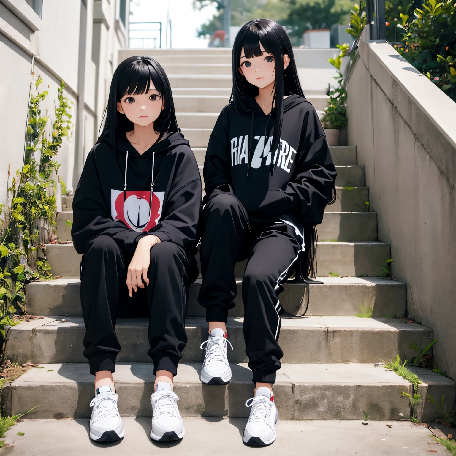 Two beautiful cute girls, long black hair, black hoodie, trousers, sneakers, sit, stairs