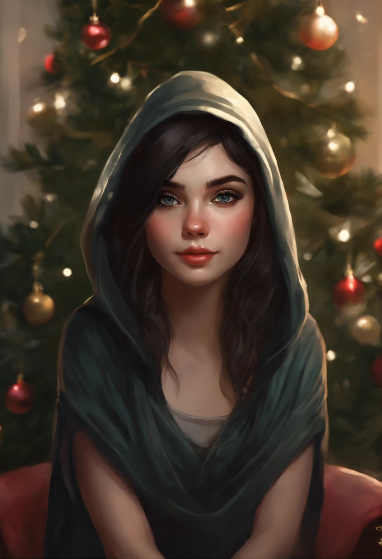 realistic art style,   in the art style of bowater, 8K Artgerm Bokeh, Christmas morning, a painting, Fantastic tale, Christmas style, John Tolkien style, Small painting by Jean-Baptiste Monge ,   Picture of a rocker girl with a hood on her head,Straight black hair sticks out from the hood, sitting in front of the Christmas tree,  Portrait of a rocker girl with black straight hair , Soft facial features,  With light makeup,  dark pink lips,  lip shape"pearlescent" ,"curved eyebrows in the shape of Engriberts, Cyan eyes,  heavy-lidded eye shape,   Rocker Girl, sitting in a chair kicking your leg, Wears black leggings,  Wear a hoodie with cloth horns and ears,  Human Hand, Very clear without flaws with five fingers,  mischievous character, fireplace, Christmas tree, Gifts, ,artwork in the style of guweiz, detailed character portrait, extremely detailed artgerm, artgerm and atey ghailan, charlie bowater art style, Jean-Baptiste Monge, anthropomorphic --ar 2:3 --testp -optimistic;  straight hair