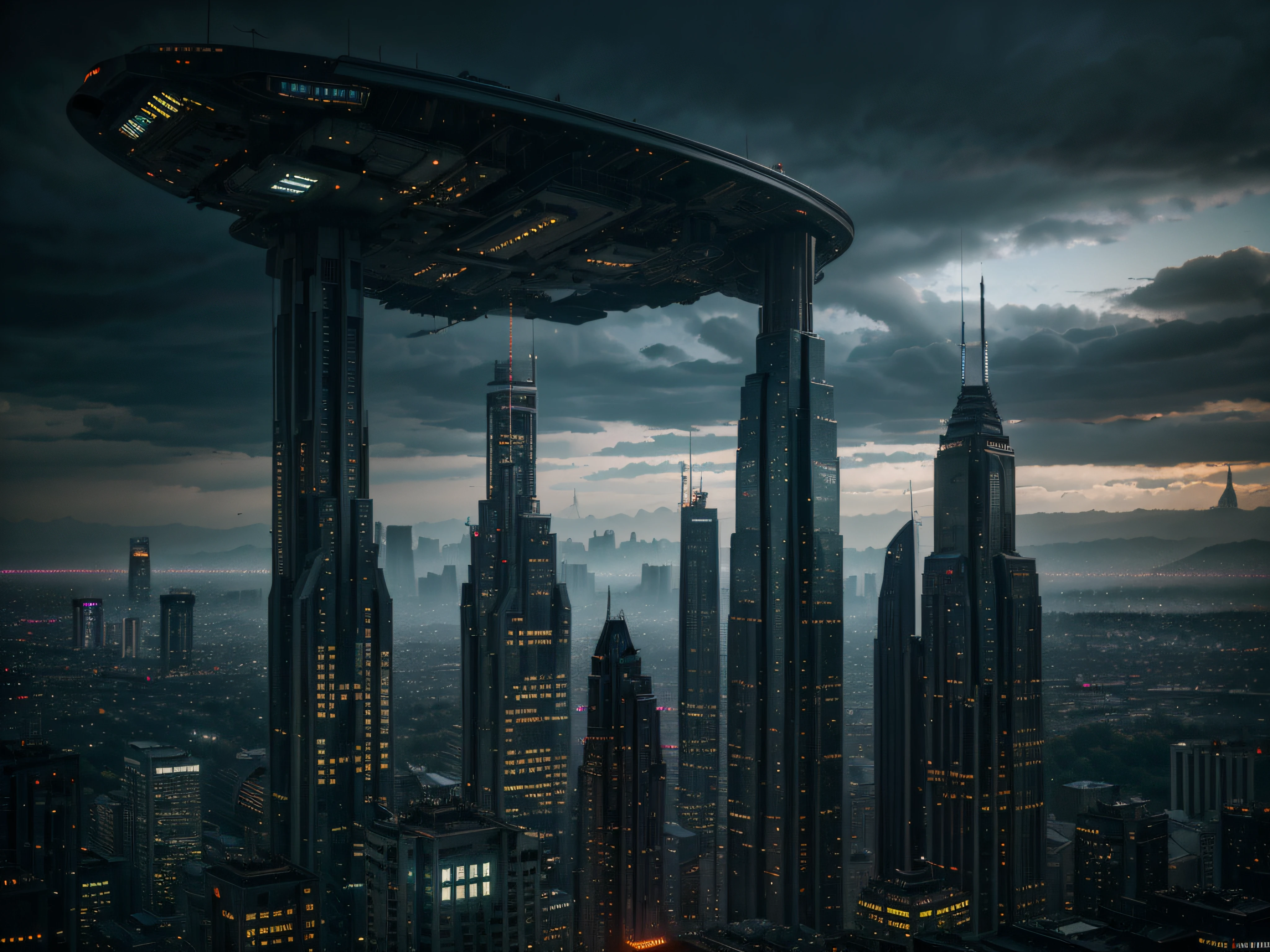 trees, nature, feel good inc, scenic, cyberpunk, dark, futuristic, abstract, future civilization, buildings, post apocalyptic, gorillaz, technology, detailed, high quality photography, dark grey tint, epic city, amazing, flying vehicles, cinematic, inner city, downtown,