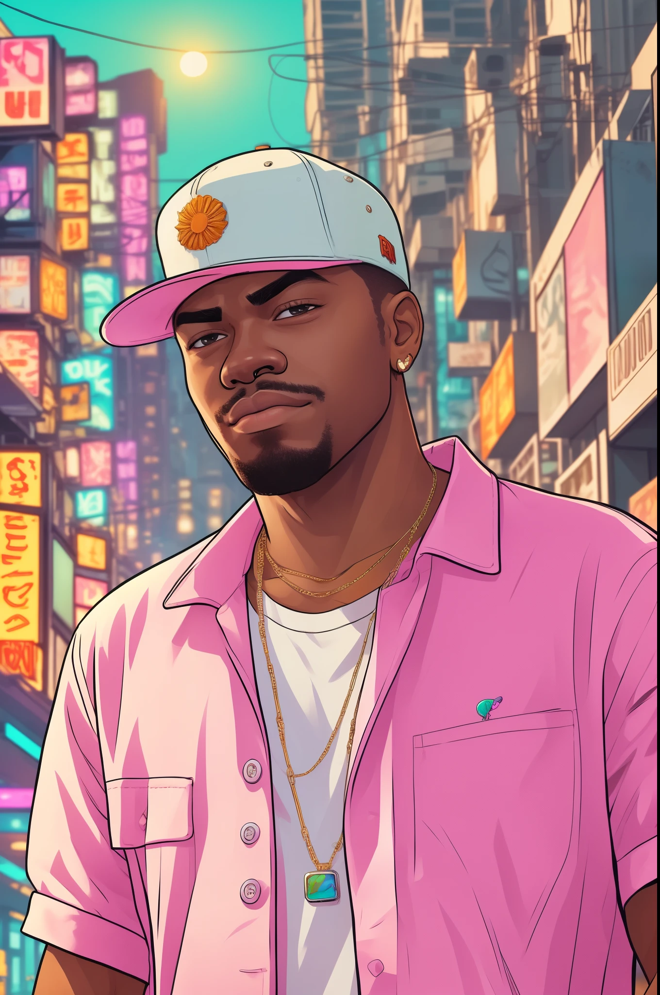 araffe man wearing a white hat and a pink shirt, GTA-style artwork ,(young people:1.5)Illustration, digital art, (GTA style:1.5),Art style of GTA, Art GTA bright colors, (cartoon style:1.2),(hyperdetail:1.15), glamorous style, best quality, holistic, high detail, serious,against a large night metropolis, ((neon lighting)), ((Cyberpunk)),soft light,satirical,exaggerated,pop artstyle,vibrant colors,iconic characters,action-packed,((The background is an orange red city:1)),sun, coconut trees