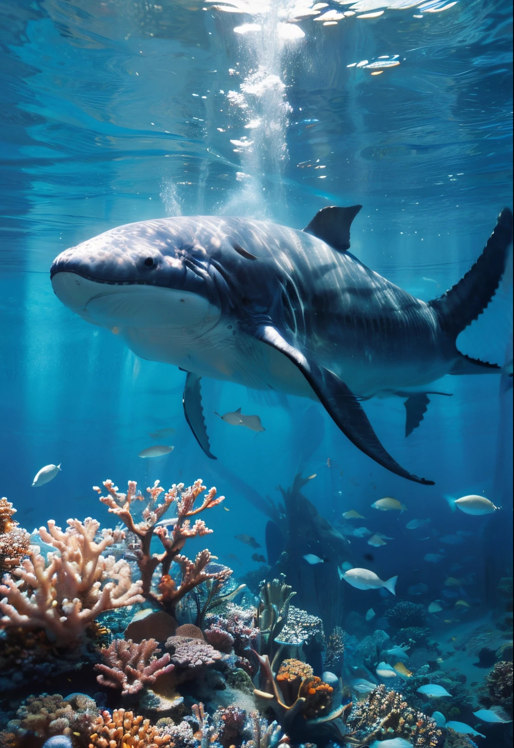 Conceptual art of marine life, Underwater scenery, Marine life，Beautiful coral reefs come in many shapes, ..。.3eT, whales. Long white hair tered in the sea, drifting, Very harmonious. The whole painting 、Adopting a messy and imaginative painting style. Colors are bright and saturated, and have smooth lines. The mystery and beauty of the sea, Describes an underwater world full of life and vitality, 8K animated art wallpaper