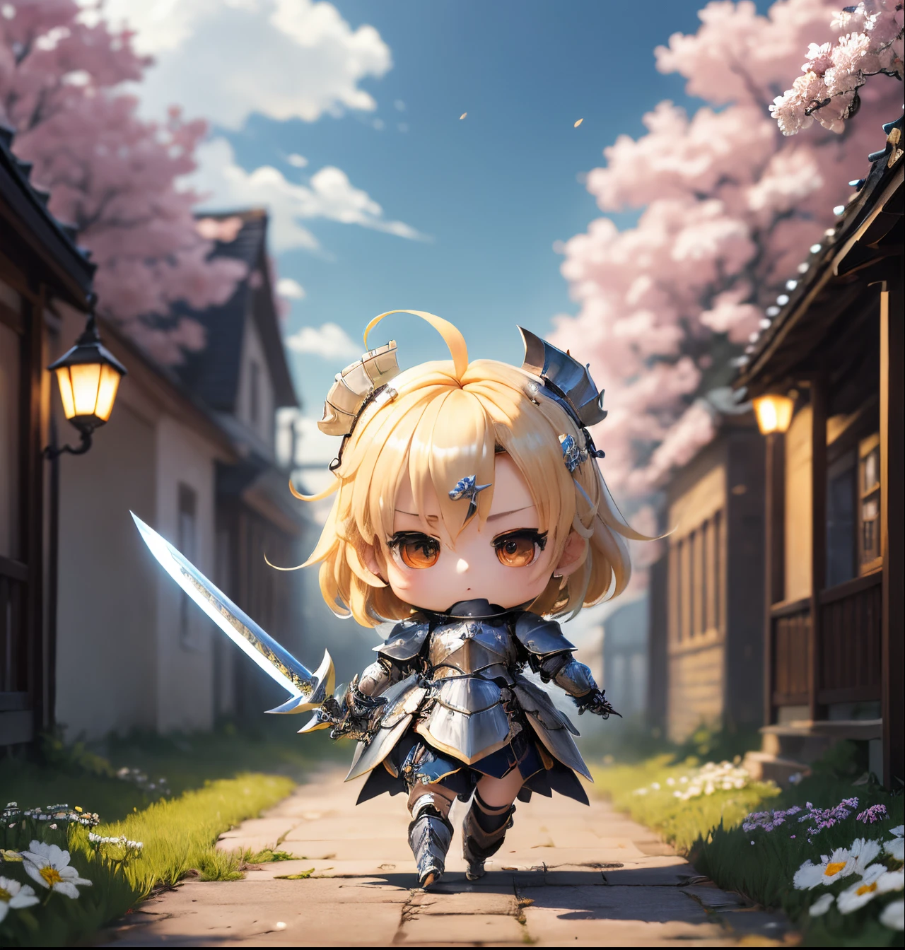 masterpiece、top-quality、ultra-detailliert、(chibi character knight:1.2)、blonde hair swaying in the wind、wraith、Very long sword、spark of light、run、Kill Celestial Bian、Flowers flutter