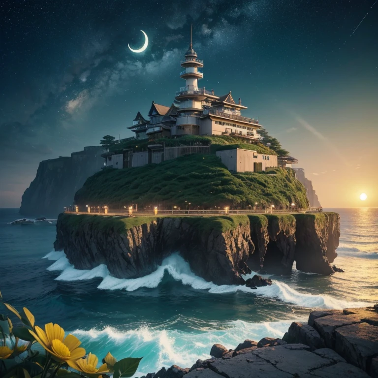 nigh sky，The dazzling Milky Way  like a dream。huge bright moon，Illuminates the entire valley，There are lights in the valley，The valley  covered with thick snow，cedar，a lonely wooden house。