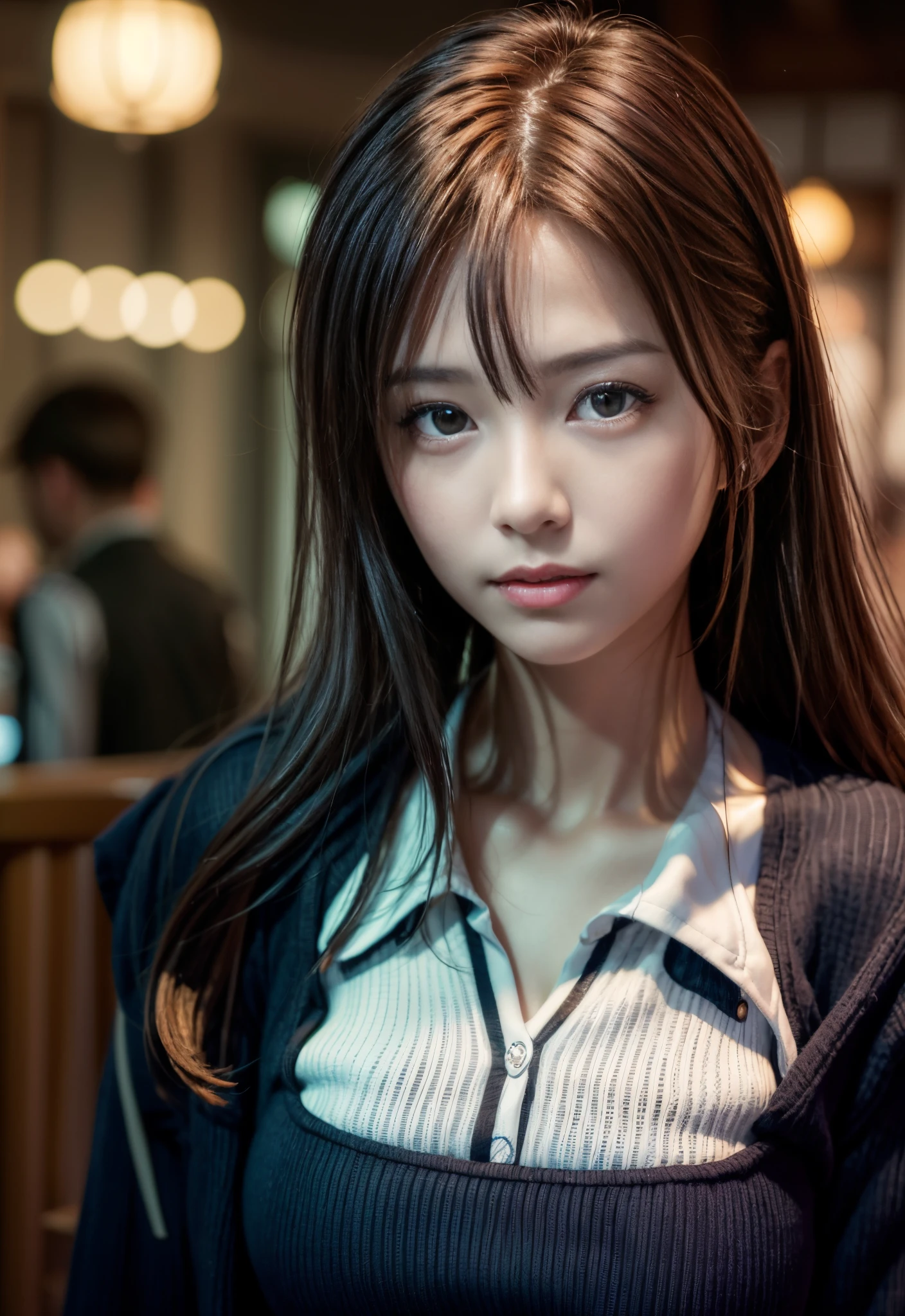 masutepiece, Best Quality, Photorealistic, Ultra-detailed, finedetail, High resolution, 8K Wallpaper, 1 beautiful woman, Wear casual business wear, In a great restaurant, At night, light brown messy hair, Perfect dynamic composition, Beautiful detailed eyes
