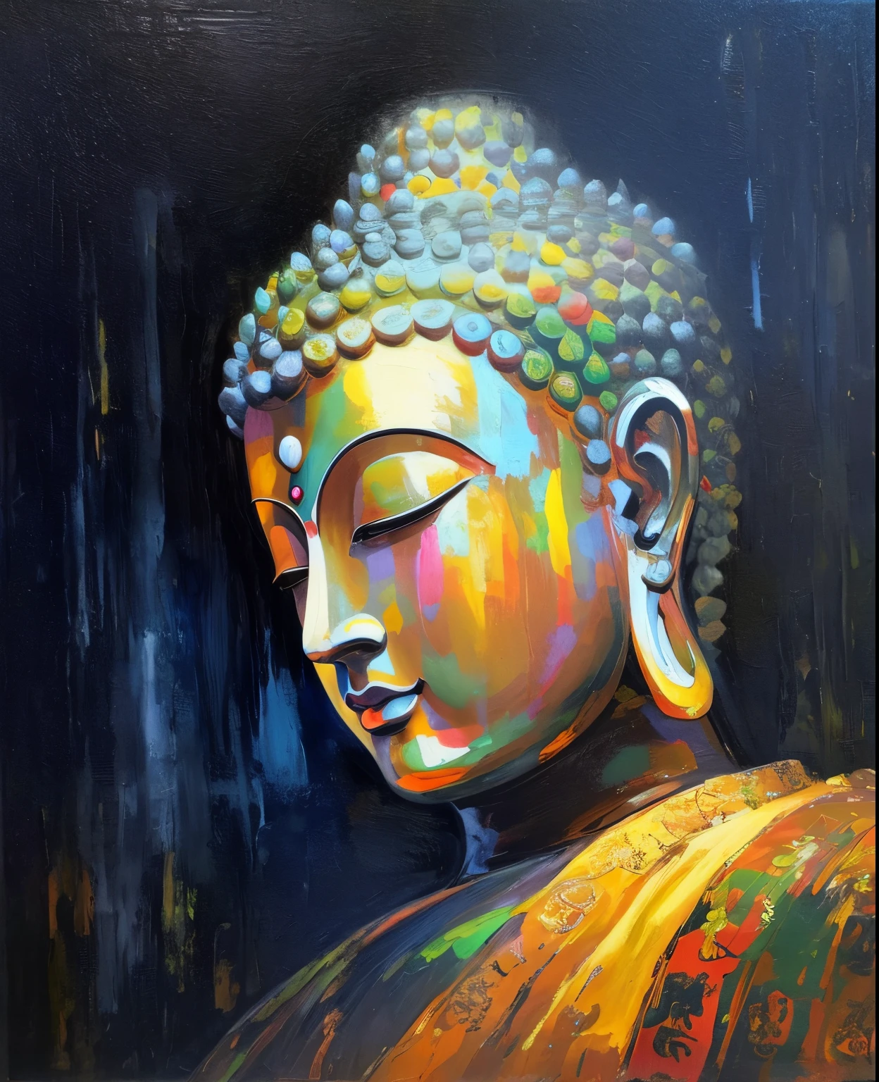 Colorful face black background buddha painting, a Buddhist Buddha, with a calm expression, fo, oil on the canvas, oil painted, oil on the canvas, calm expression, Superb oil on canvas, a masterpiece of art, Intricate oil painting, oil on the canvas, enlighted, oil painted, oil painted,
