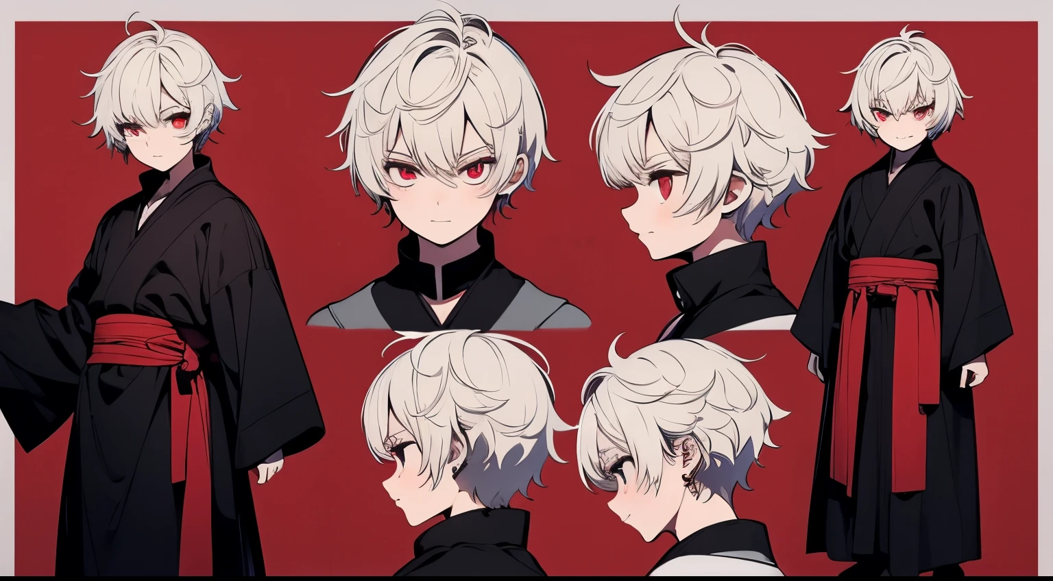 (Detailed, masterpiece, best quality) detailed, character sheet ( the same person , smile, anger, sad)A 6 years old boy, with white hair and red eyes, tanned skin, short messy hair, wearing dark robes, determined, strong gaze ,good posture, perfect anatomy, solo, masterpiece, 4k, wide angle, detailed, character sheet (the same person, front, back , side)