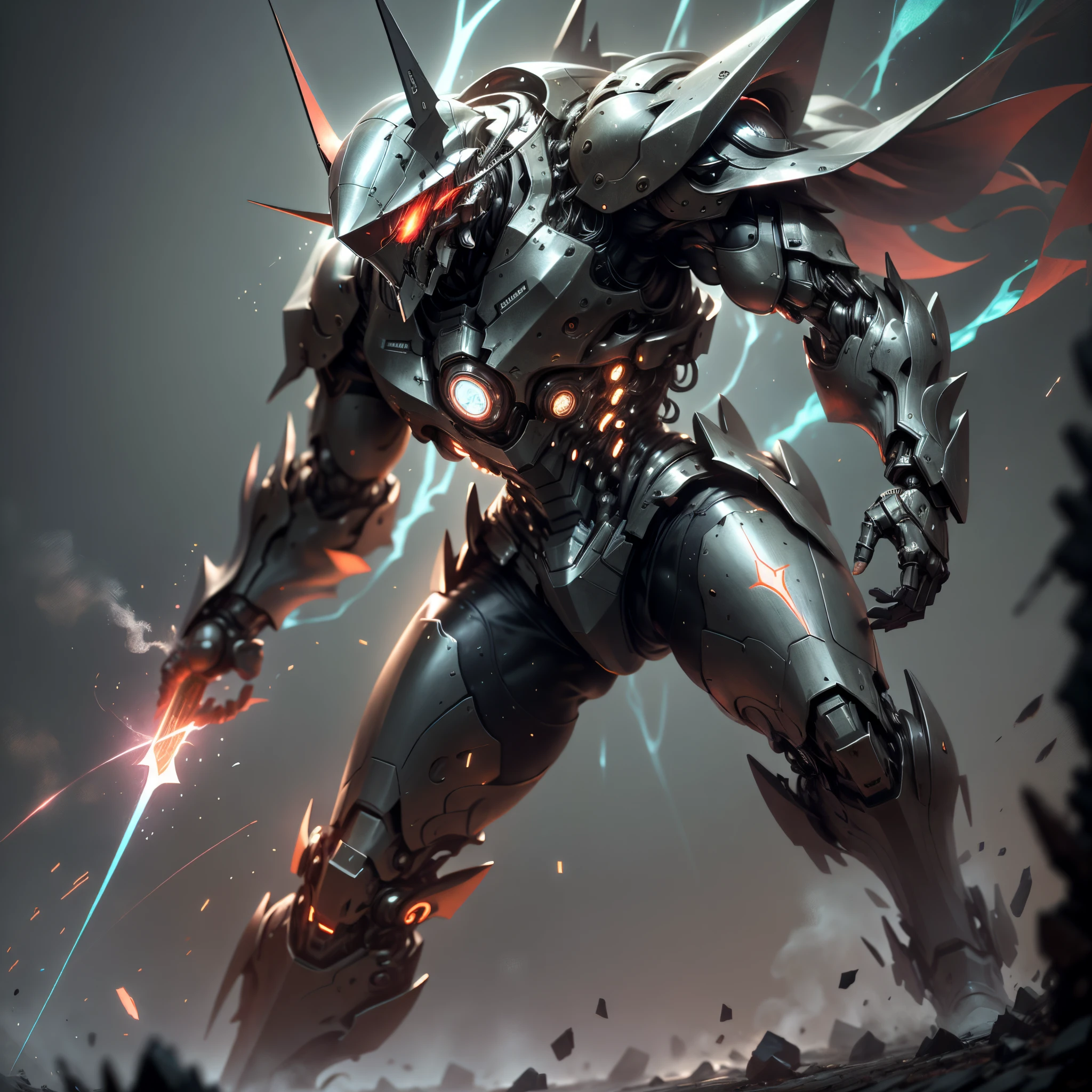 Red Ghost Hunter, Super Cool Ghost Killer, Wearing Red Mechanical Armor, Playing Lightning, Super Detailed, Realistic, Shiny, Reflective, Bioluminescent, Galactic Cybernetic Mask, Mecha, (Executioner: 1.2), Cloak, SH4G0D, GlowingRunes_red, Full Body, Movie, Dark Background, Backlight, High Contrast,