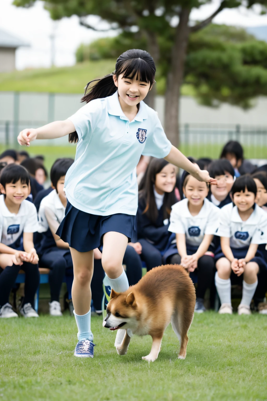 Akita dog playing with elementary school students