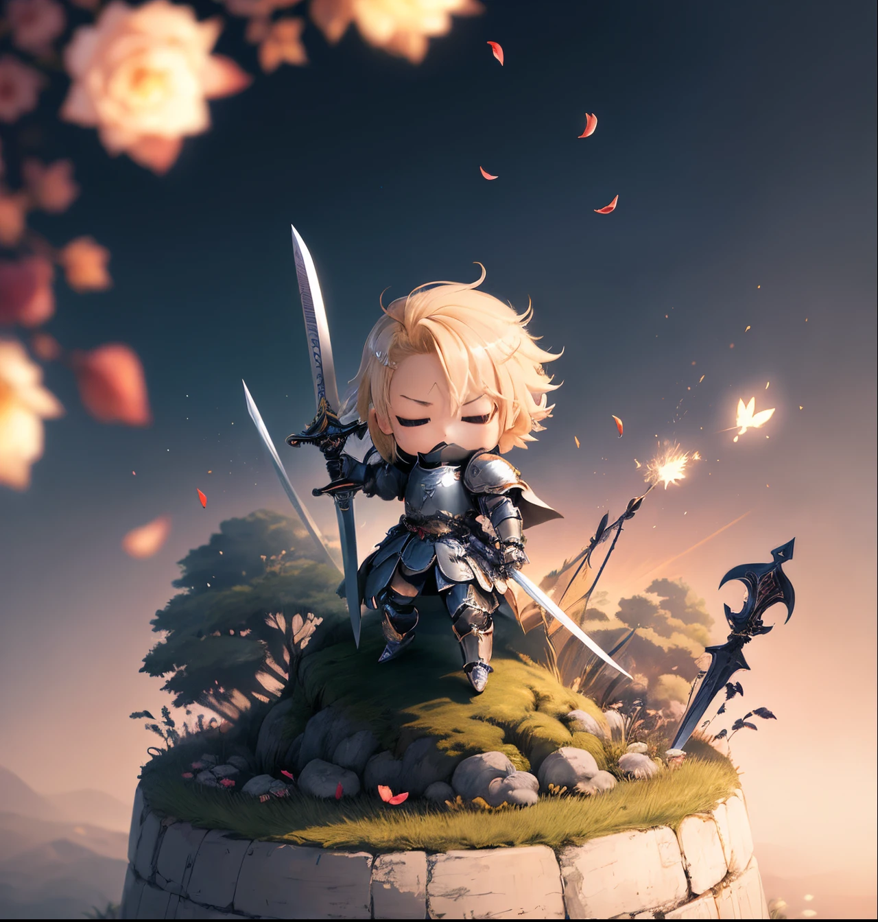 ​masterpiece、top-quality、ultra-detailliert、(chibi character knight:1.2)、blonde hair swaying in the wind、wraith、Very long sword、spark of light、run、Rose petals flutter