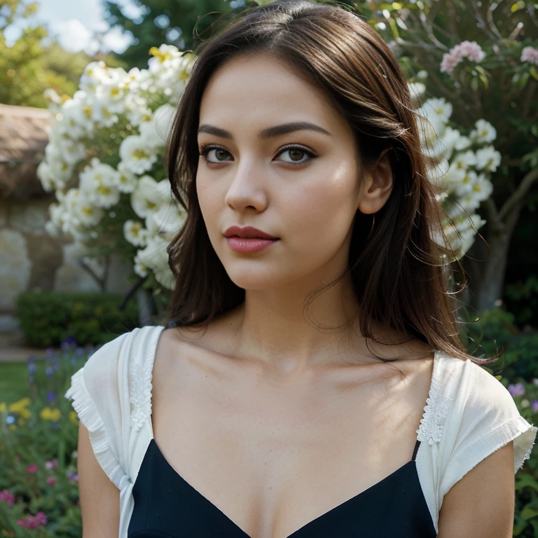 (a portrait of Fahriye Evcen), (thin facial features and striking black eyes, black eyelashes, bruised under eyes, swooning eyelid), (perfectly straight dark hair), (gorgeous make-up with a touch of glamour), (elegant and fashionable outfit), (big full natural red lips) (confident and charming expression), (poses with an elegant attitude), (viewed from the side angle), (standing in a lush garden), (surrounded by colorful flowers), (a gentle breeze blows her hair gently rustling), (soft sunlight casts a warm glow on her hair) face), (background with a beautiful landscape), (a clear blue sky with fluffy clouds), (happy and cheerful atmosphere), (photorealistic depiction capturing every detail ), (ultra-high resolution and clarity), (created with professional precision), (vibrant and vibrant color balanced and pleasing color palette), (soft lighting highlighting the featureokeh effect that adds a dreamy touch), ((TeeTee1)), ( a portrait with a fantasy feel), (unforgettable and captivating work of art).NSFW