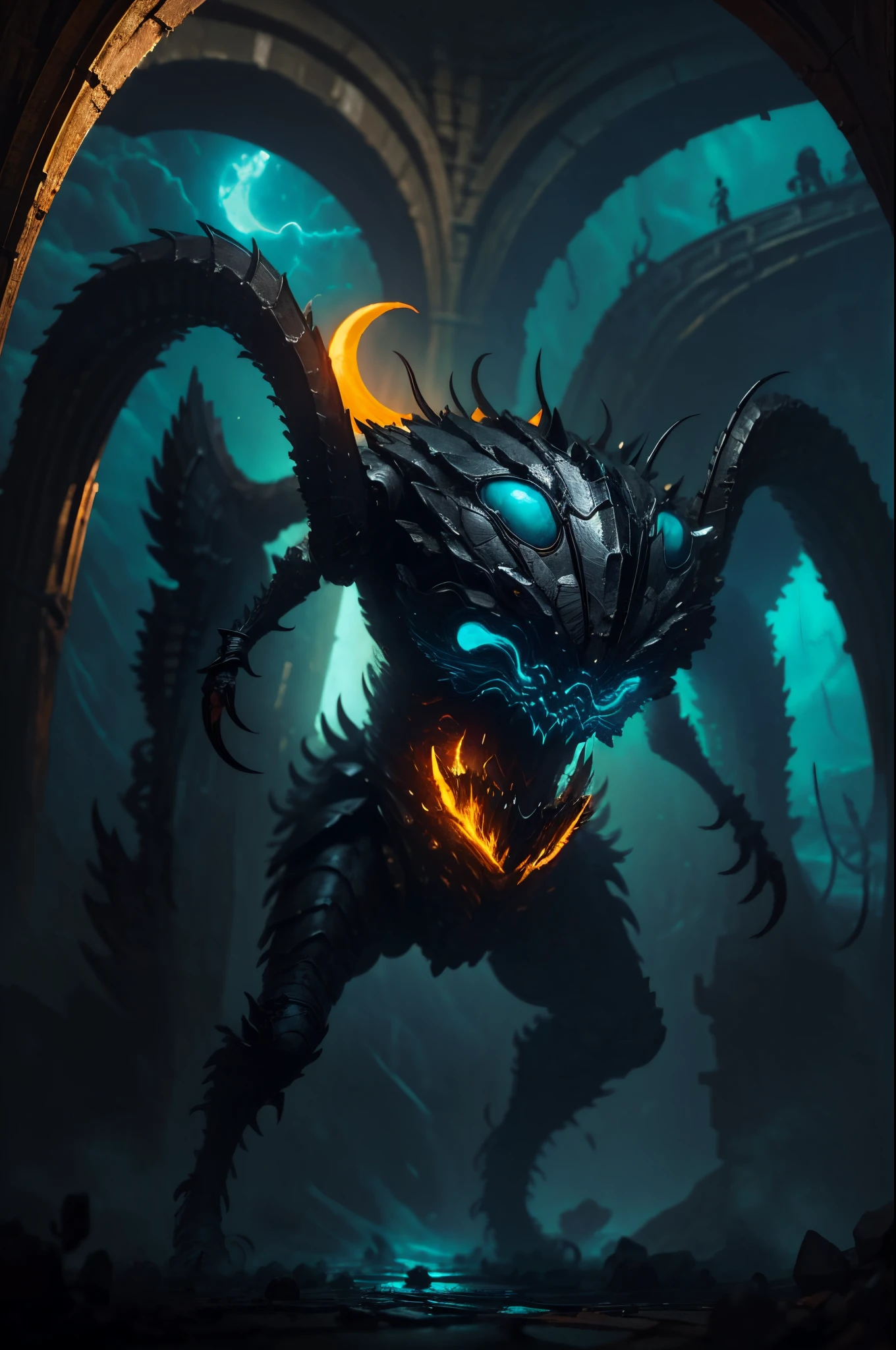gothic art, lightand shade contrast, Standing painting, estimate, holland angle, emphasis lines, tmasterpiece, acurate, Anatomically correct, A high resolution, Best quality at best, super detailing, Award-Awarded，D14BL0 style giant hairy spider，Epic war fantasy digital art，Correct anatomy，Correct study，Hold the shield correctly，(greg rutkovsky:0.8), (cyan and orange:0.4），