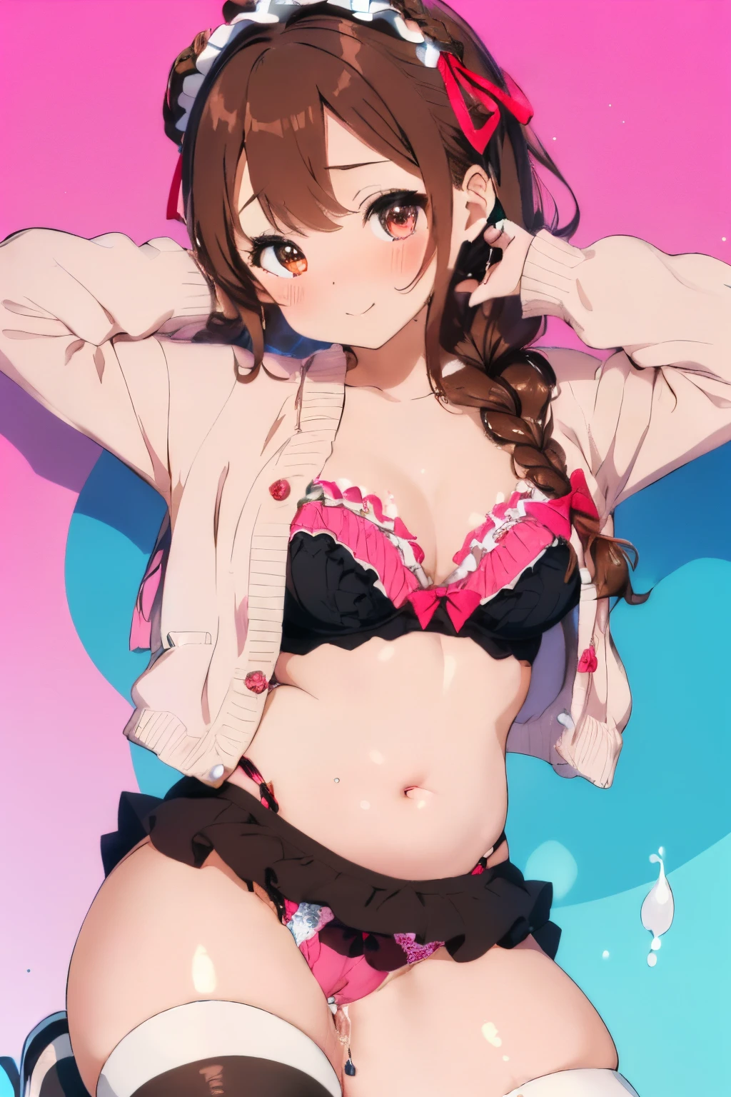 ((Brown hair)),((Braided shorthair)),(With bangs),Slight red tide,((sweet ta style underwear)),(Fluffy long sleeve cardigan clothes with lots of frills)),(Head dress),((Colorful and cute ribbon-shaped bra)),((micro mini underwear)),(Strawberry pattern),(The chest is boldly opened),(fairy tale cute platform sneakers),((Colorful and pop world view)),(((The body shape is slender))),((Cute pose with hand on face)),Kamime Heath Smile),(close up of face),NSFW,(Navel Bow Style),((Panties with ruffles)),((Clothed sex)),(((Insertion of extremely thick dick and vibrator)),(cum shots),(cum on),(((Open both legs and do an M-shaped spread))),((SEX)),(Bote belly),((White liquid overflowing from the vagina)),(Vaginal Vibes)