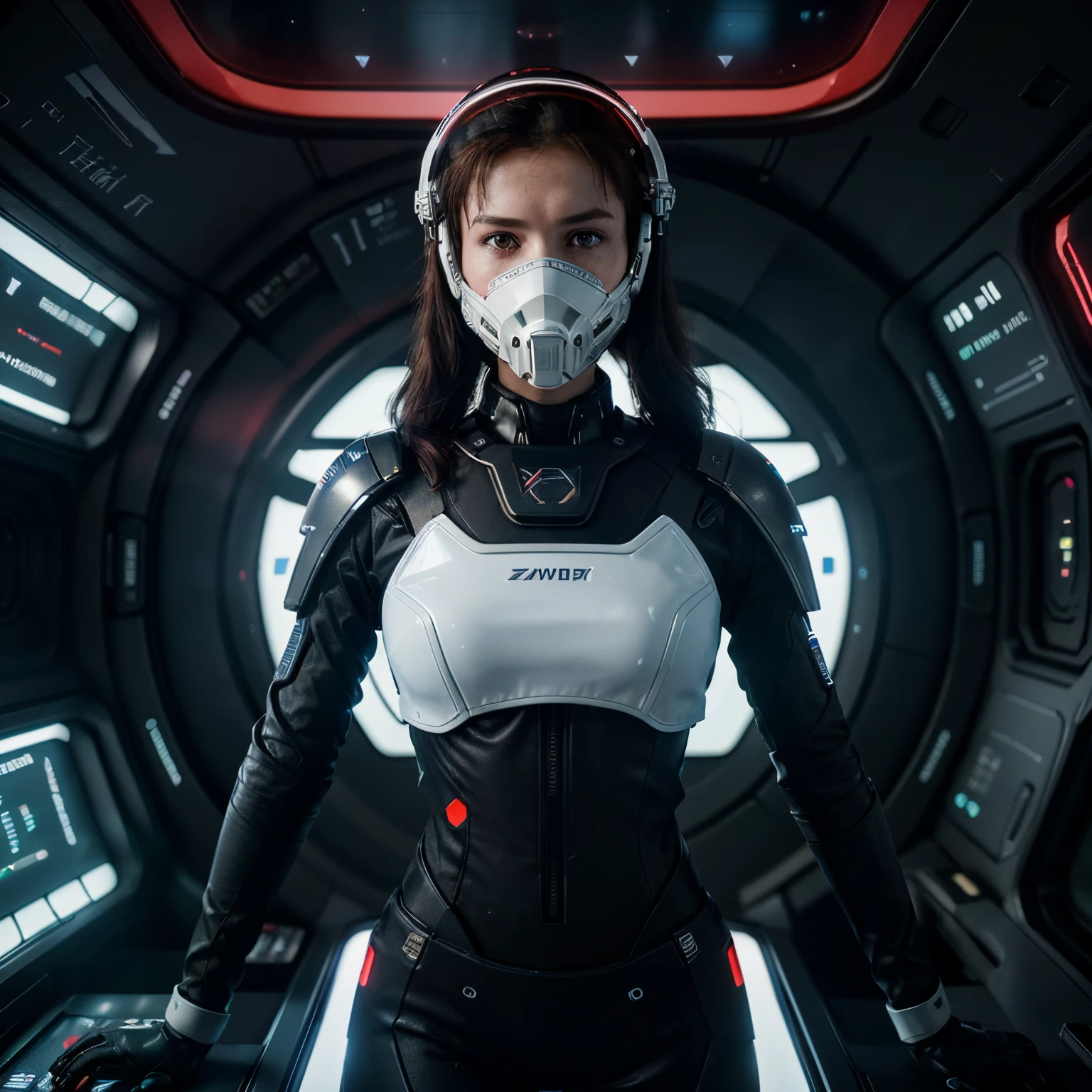 full portrait close-up three-quarter in focus | stunning face, (expressive and deep [symmetrical eyes]), frowning and innocent expression | slender athletic figure girl in a dynamic action pose, expressive breast and thighs | (TV The Expanse style the max detailed high-tech (red-white)++ combat exo armor suit with a closed system breathing (high-tech respirator), compact sci-fi cosmic exo helmet, high-tech glossy transparent visor, cinematic helmet face lighting, (intricately detailed glossy protective equipment))++, (insignia, titles, brand, data:0.8) | ([((carefully detailed cabin of a spaceship with a control panel)) : photorealistic max detailed intricate interior in the style of TV The Expanse : (dark epic background)++ : neon lighting, volumetric lighting of the room, illumination from within]:1.2)++, lighting art, goth | Canon EOS 5D Mark IV DSLR, aperture f/8, shutter speed 1/250 sec, ISO 100 | depth of field, super detailed, hyper photorealistic, (4K, UHD, super resolution, Rembrandt lighting)+, natural reflection textures, cinematic lighting